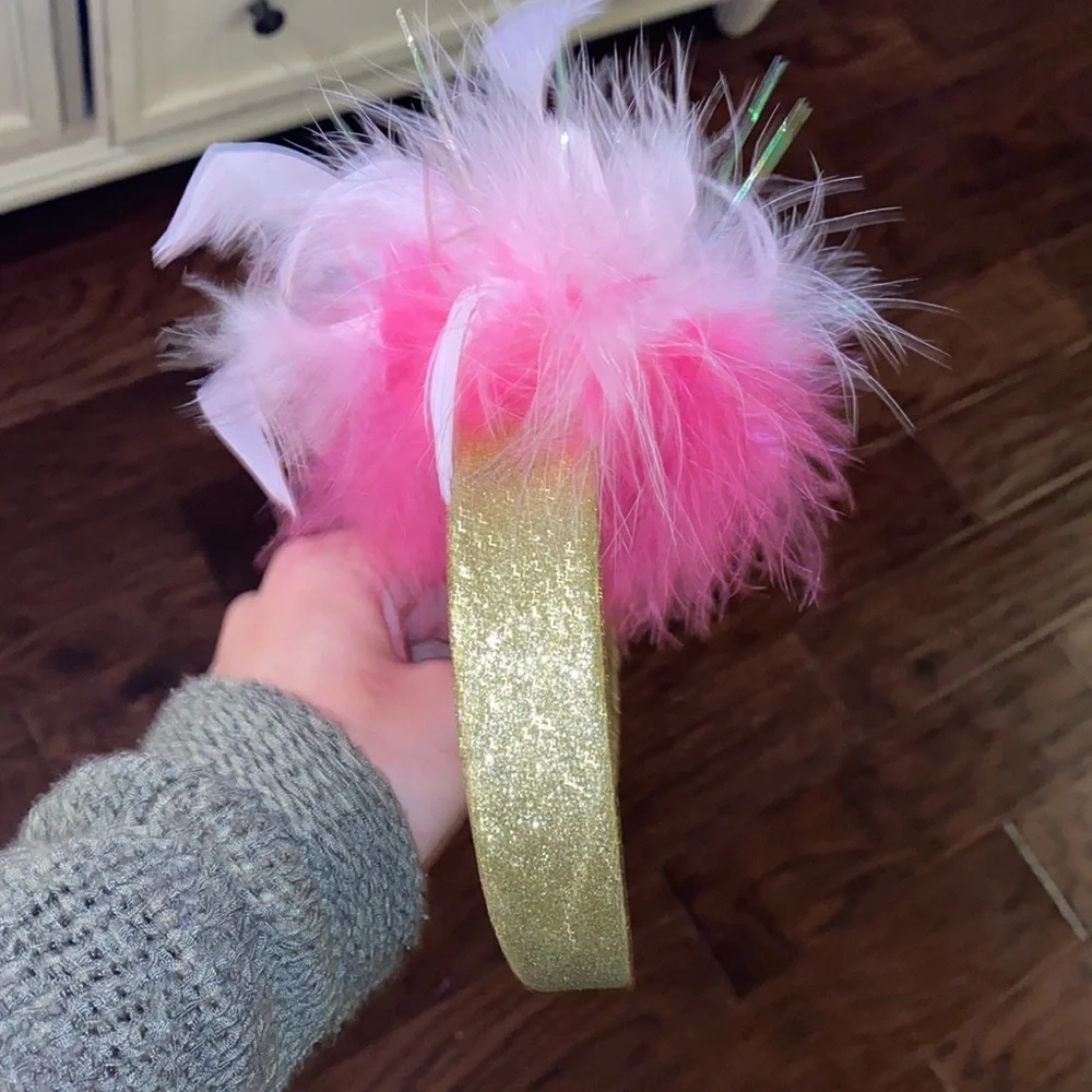 Mardi Gras mask pink feather headband with gold glitter think band headpiece​